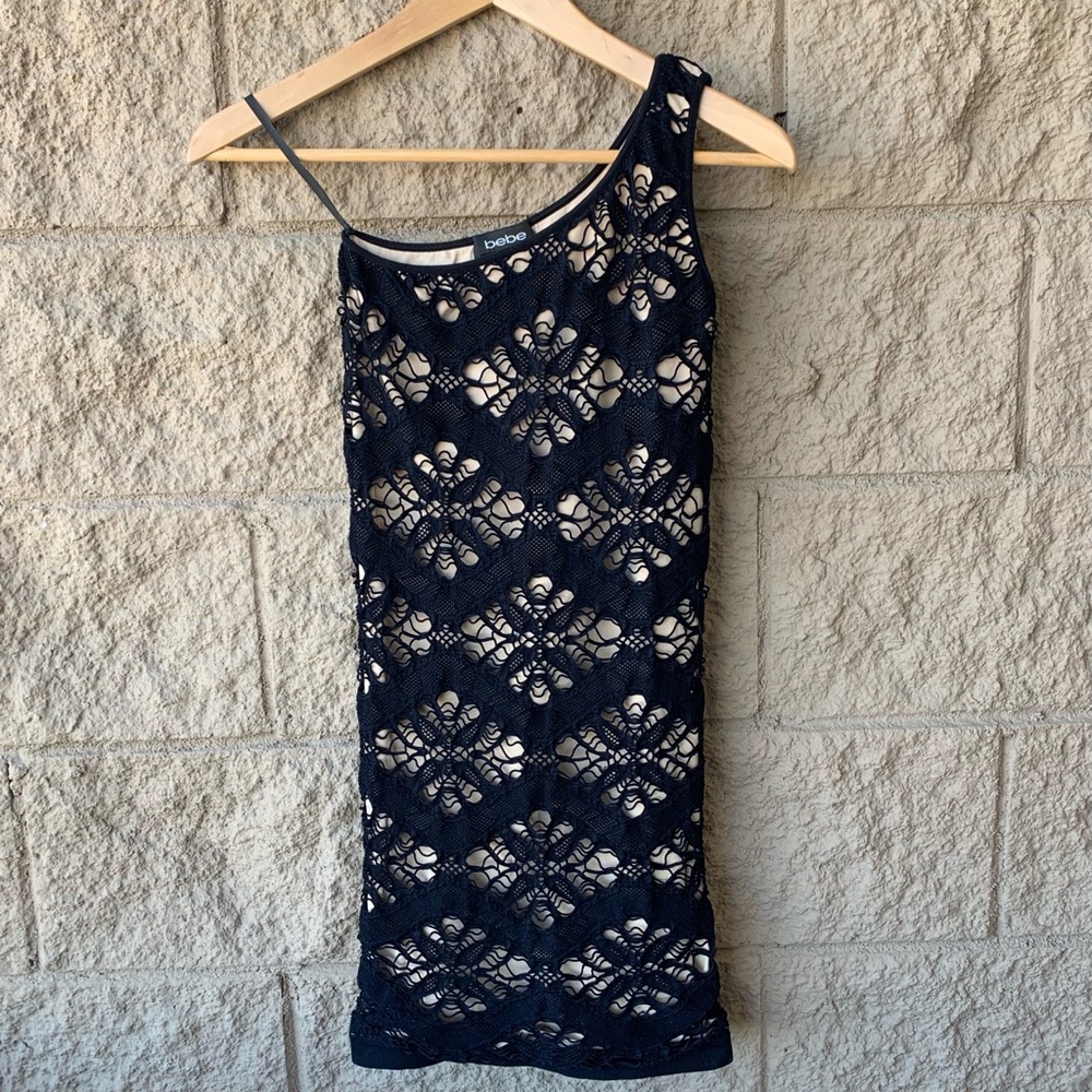 Bebe One Shoulder Crochet Slim Mini Dress
